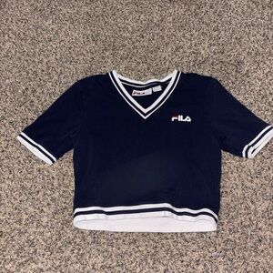 Fila Navy Cropped V-Neck Tee with White Trim